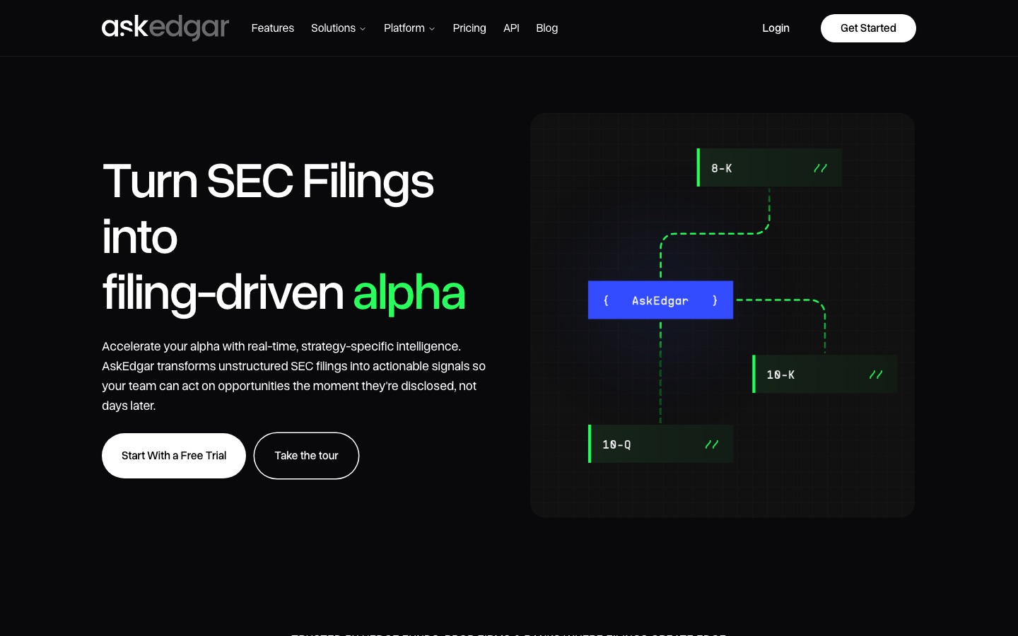 Ask Edgar homepage promoting real-time SEC filing intelligence and alpha from unstructured filings