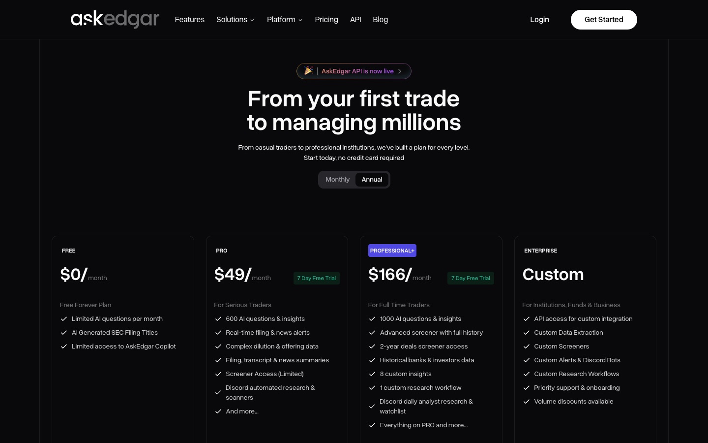 Ask Edgar annual pricing showing Free, Pro at $49/month, Professional+ at $166/month, and Enterprise
