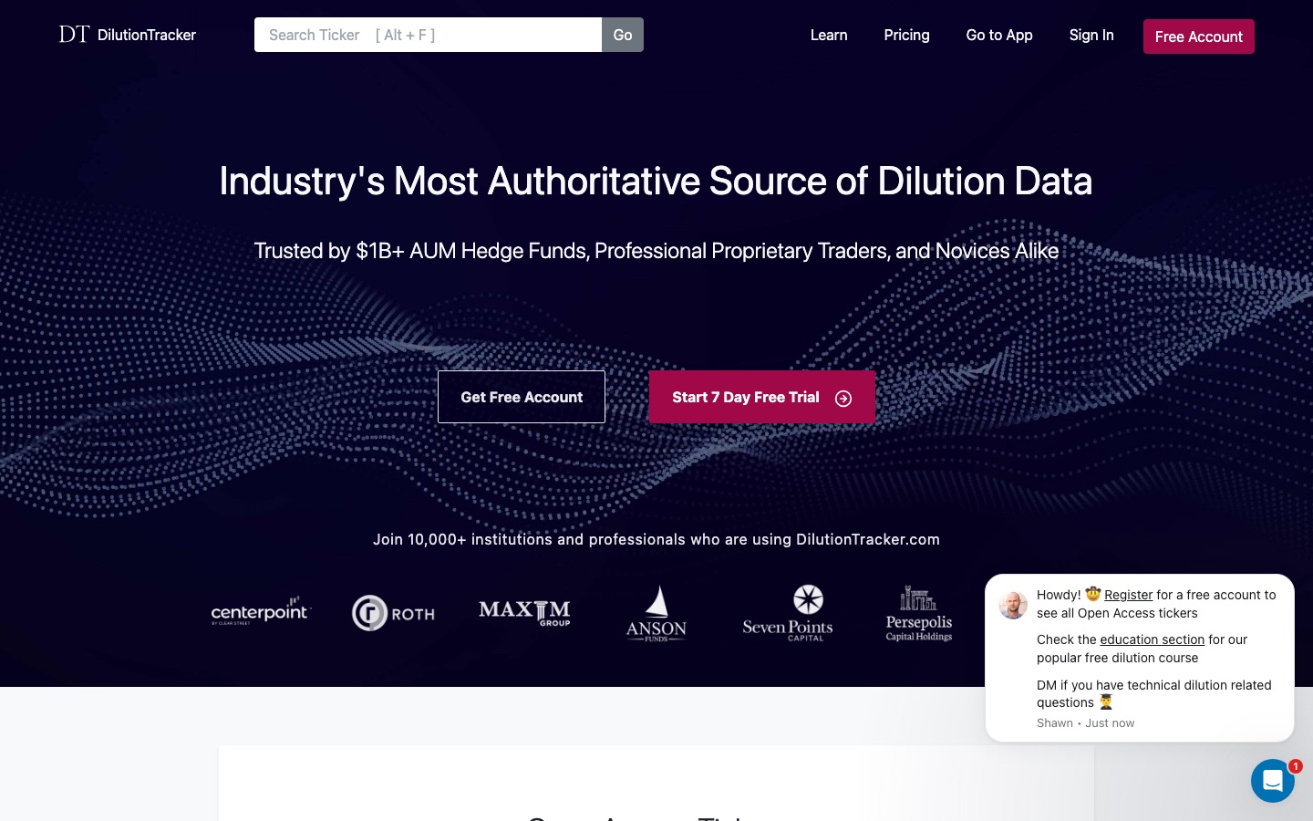 Dilution Tracker homepage calling itself the industry authoritative source of dilution data