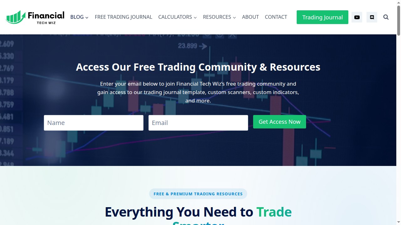 Financial Tech Wiz homepage promoting free trading community resources and trading journal access