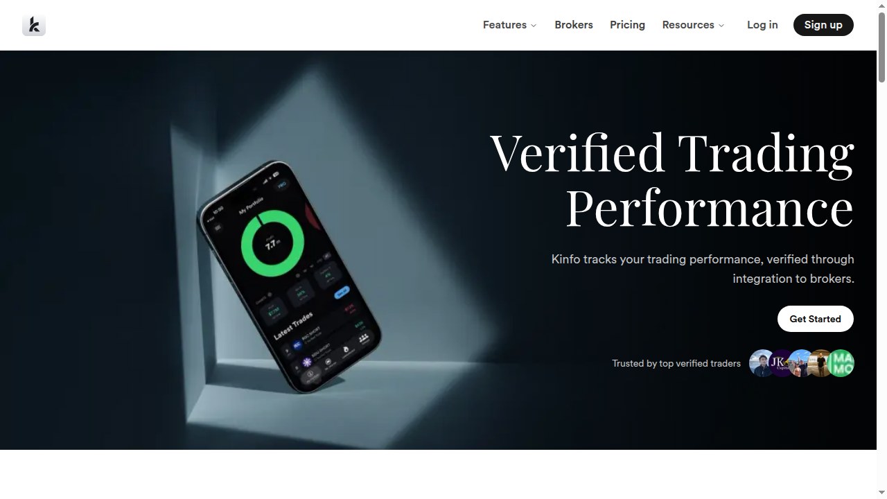 Kinfo homepage promoting verified trading performance synced from brokers with mobile app preview