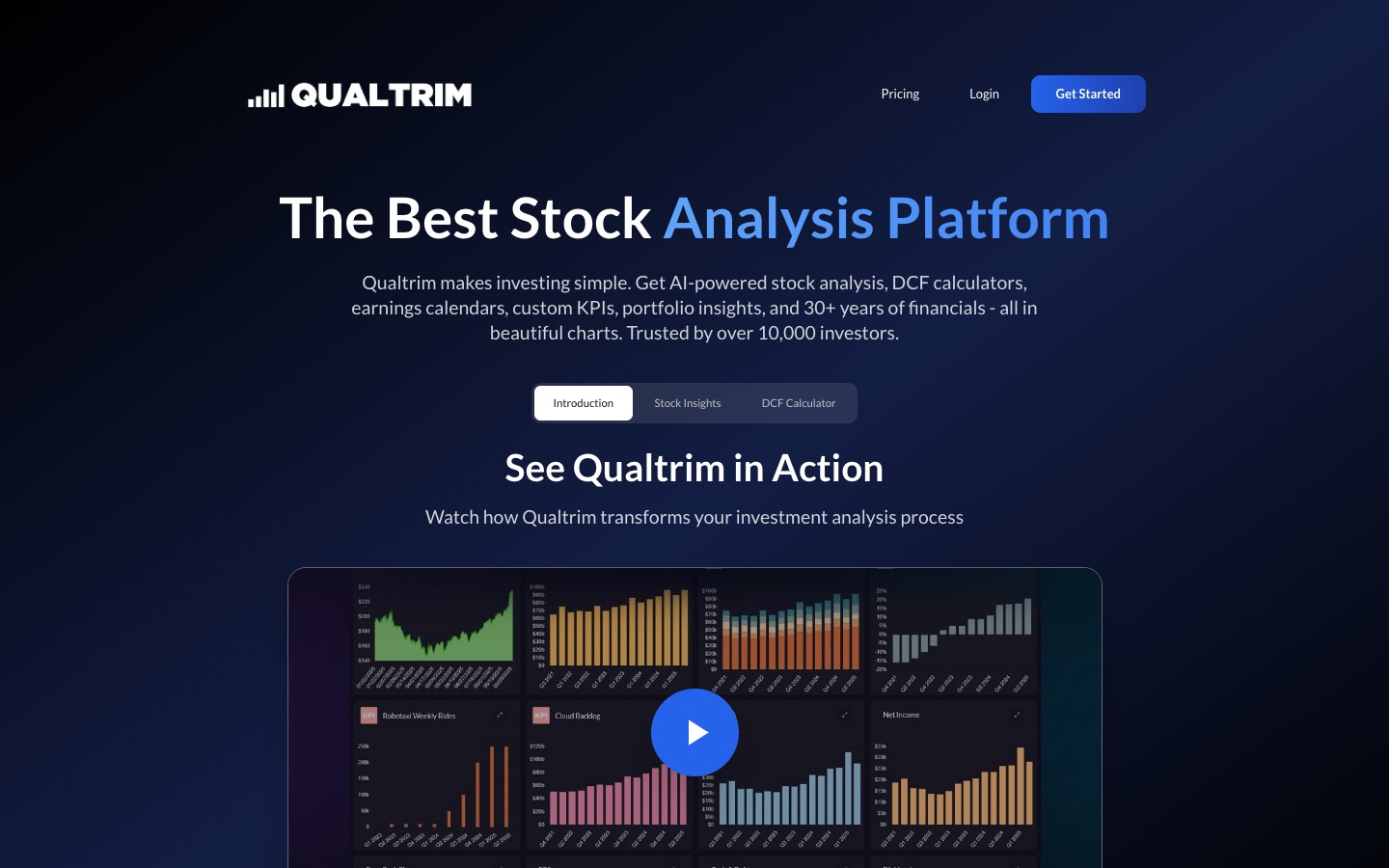 Qualtrim homepage promoting AI-powered stock analysis, DCF tools, and 30+ years of financials