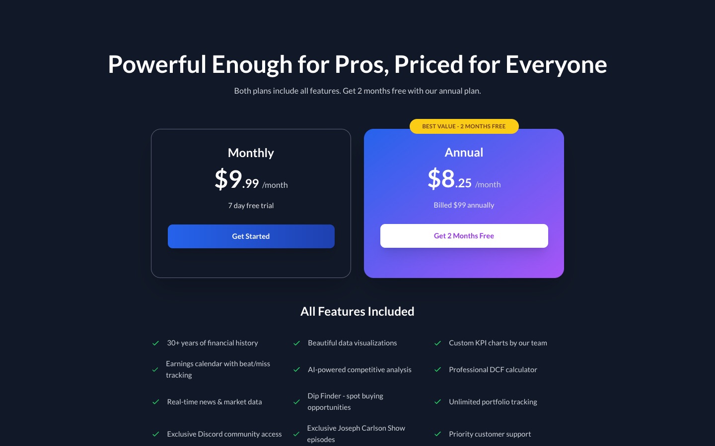 Qualtrim pricing page showing $9.99 monthly and $99 annual plans with included features