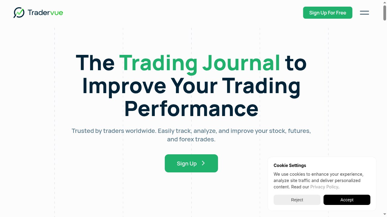 Tradervue homepage promoting a trading journal for stocks, futures, and forex performance review