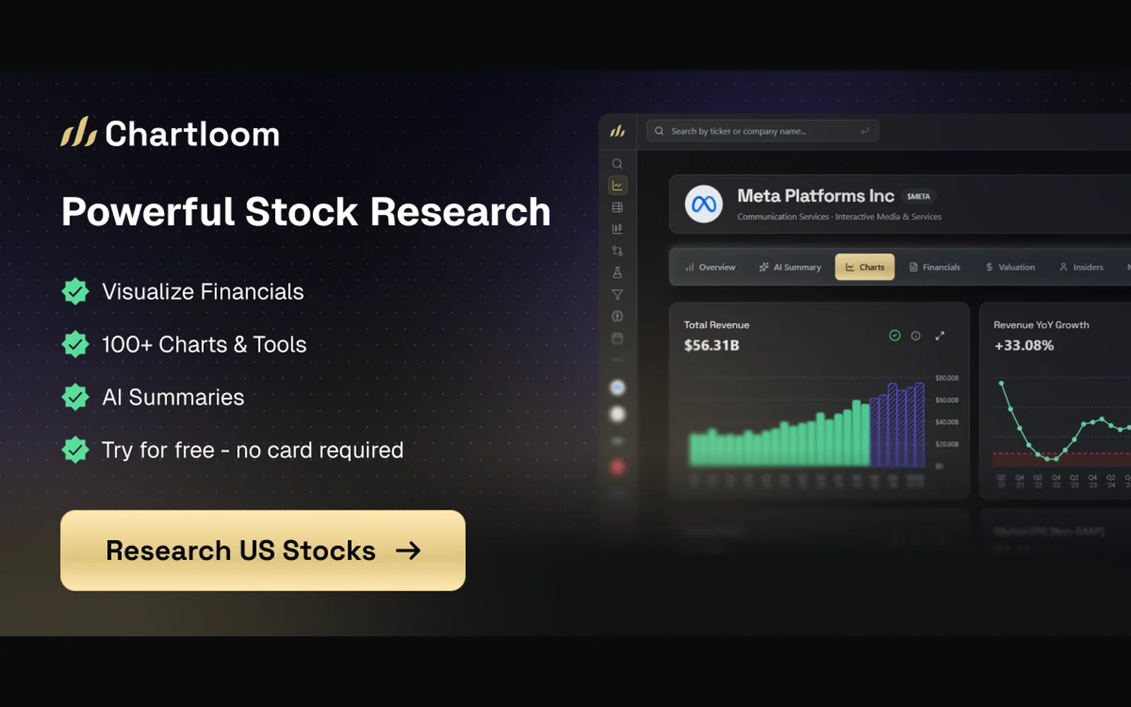 Chartloom US stock research dashboard with AI summaries, charts, and valuation tools