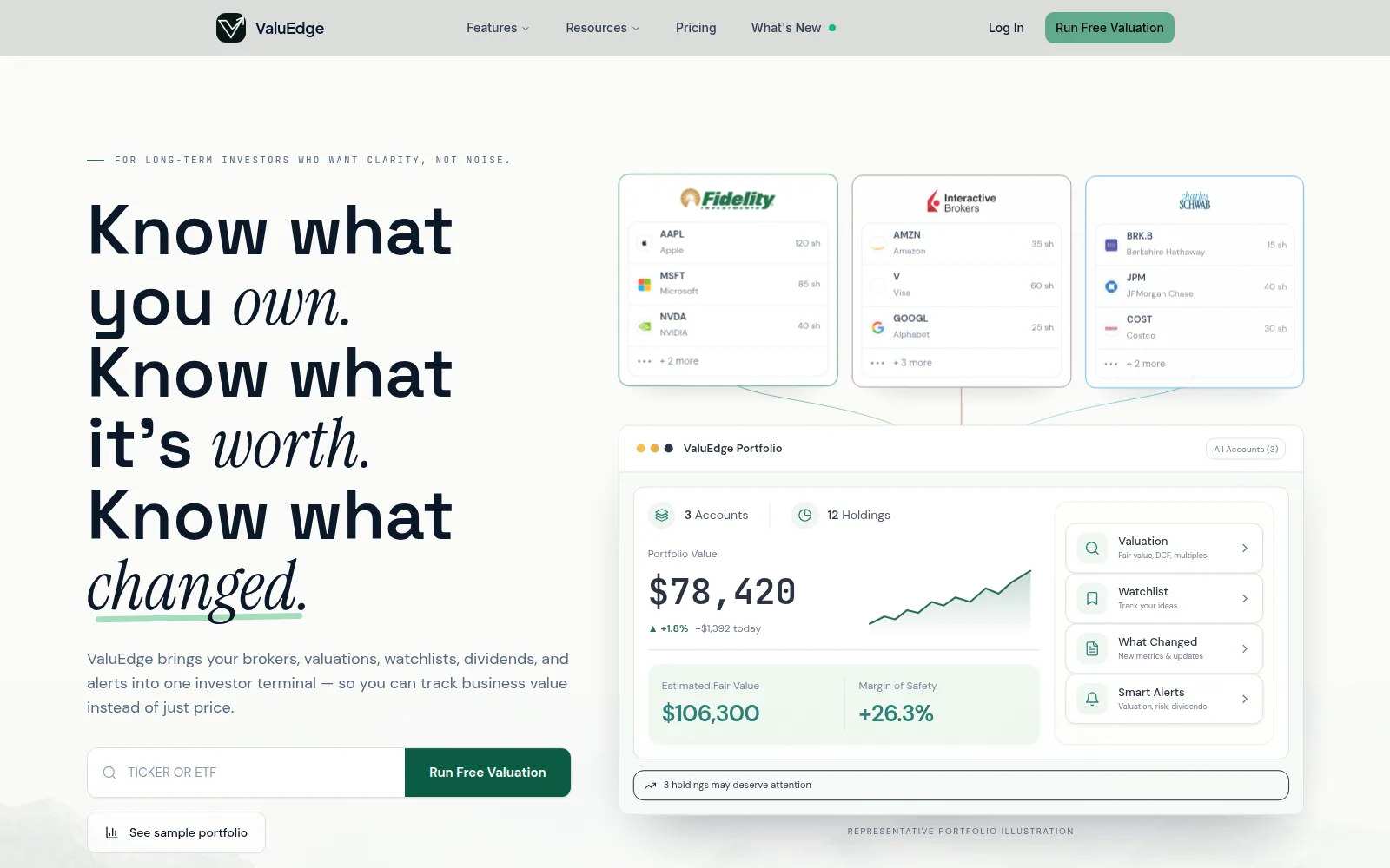 ValuEdge homepage showing broker-synced portfolio, estimated fair value, and margin of safety dashboard