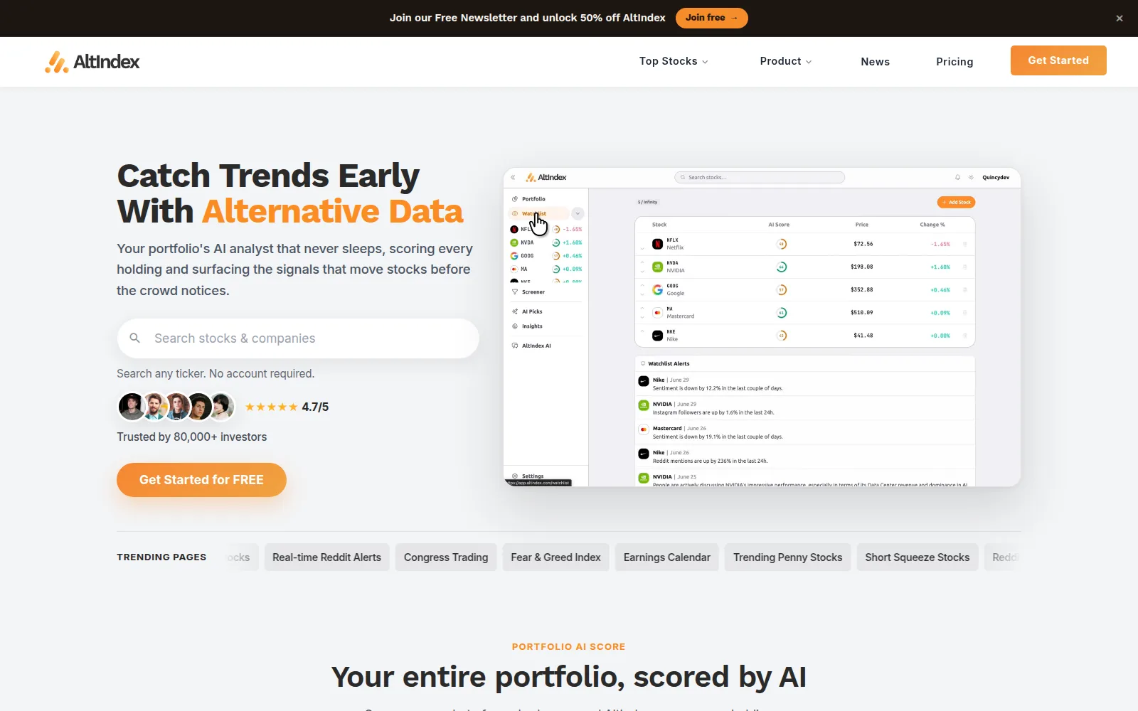 AltIndex homepage showing the alternative-data dashboard with AI Scores, watchlist, and real-time stock alerts