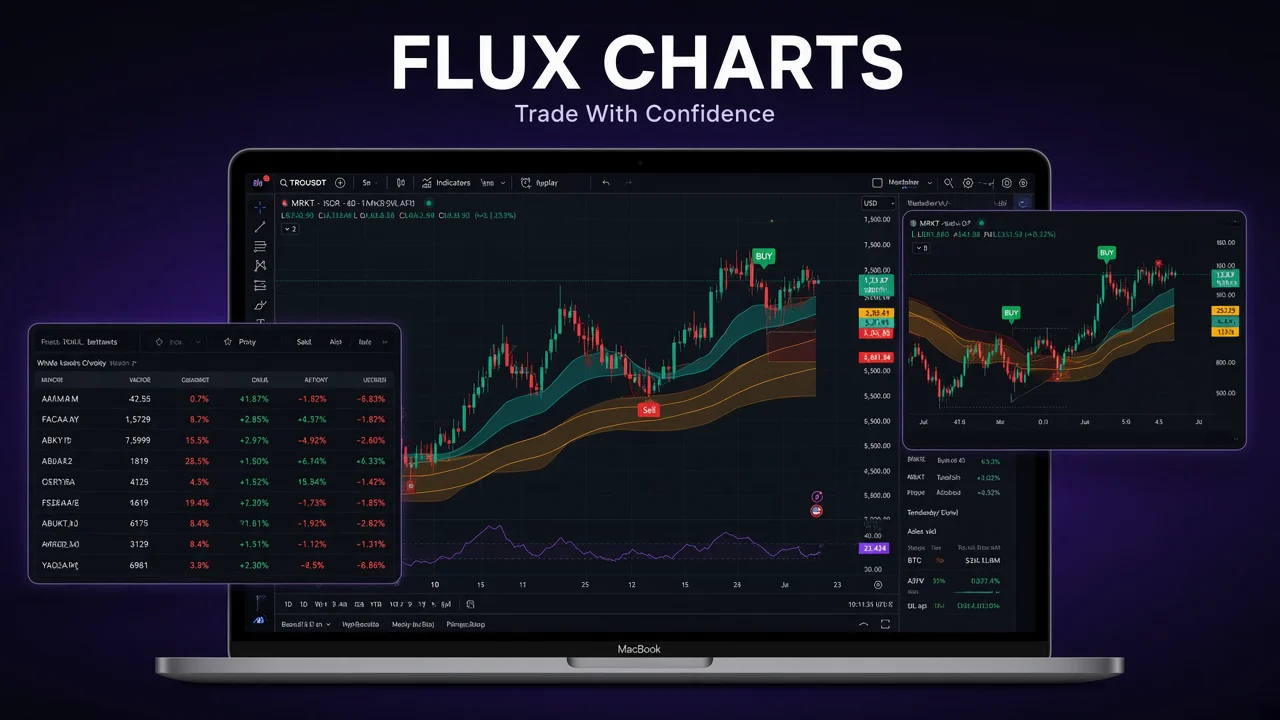 Flux Charts product preview showing TradingView-style charts with signal overlays, trend bands, and a multi-ticker screener