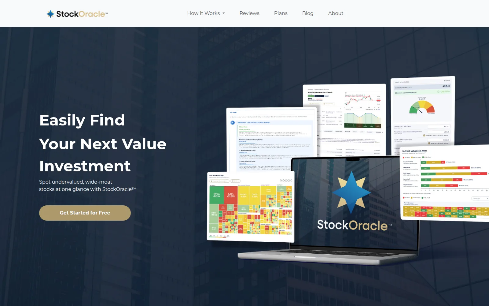 StockOracle homepage showing the OracleIQ report, S&P 500 heatmap, intrinsic value gauge, and moat analysis screens